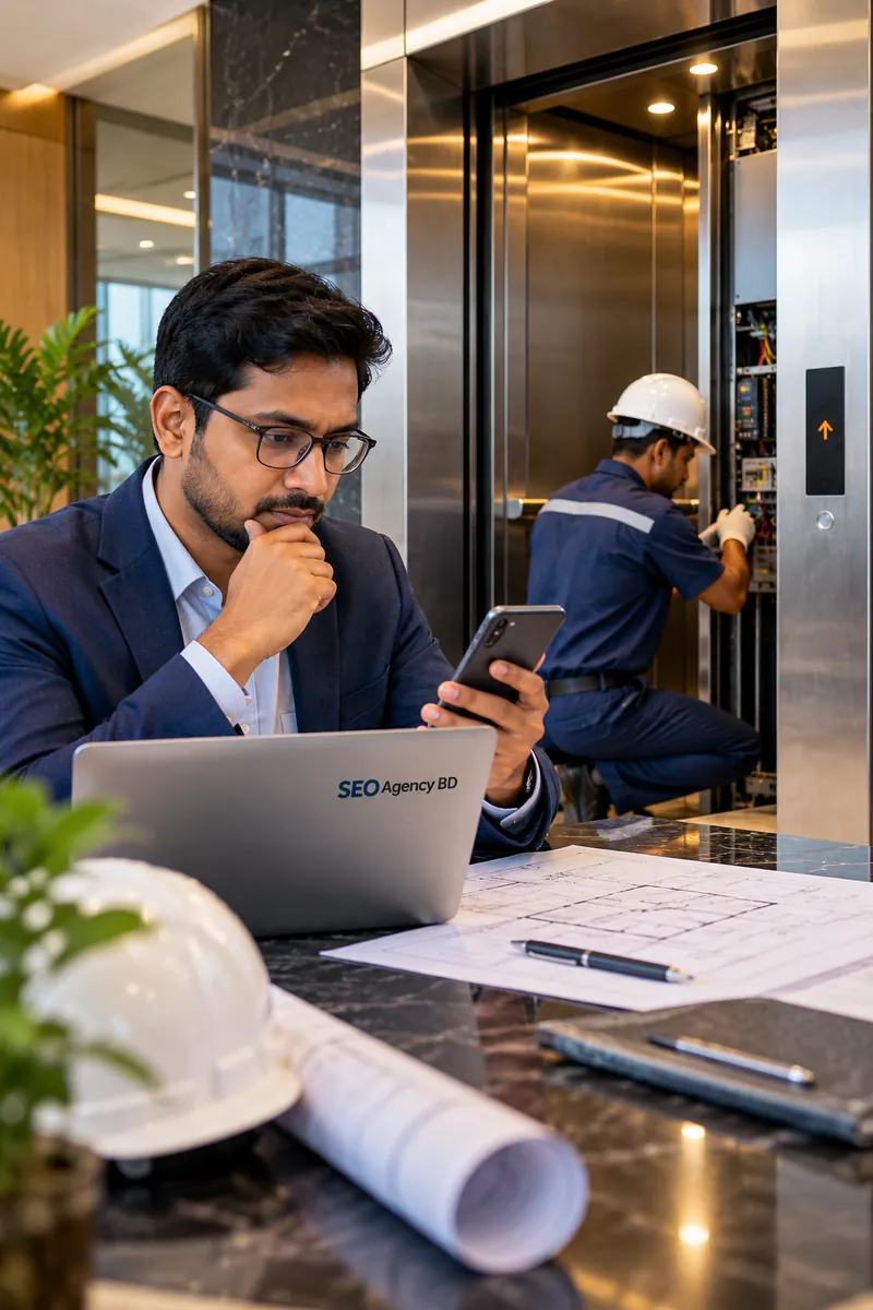 Building decision-maker researching elevator services on a smartphone beside a lift maintenance technician