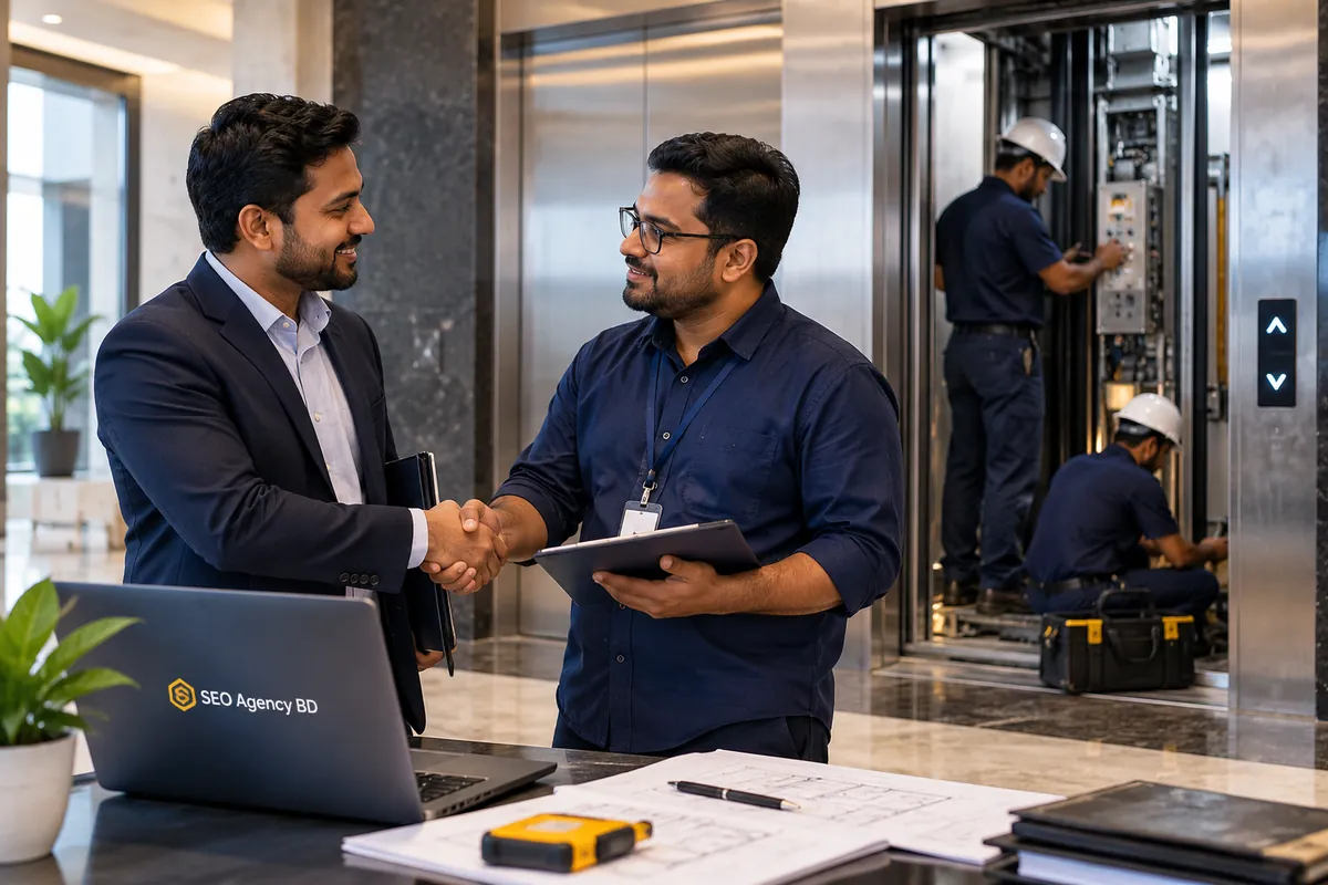 SEO consultation for a Bangladesh elevator company beside an active lift service team