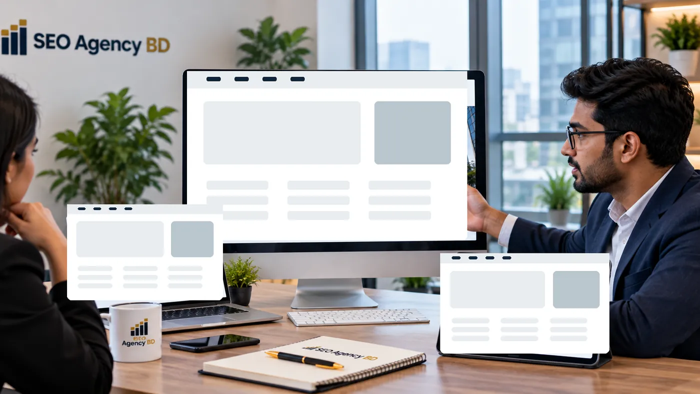 Corporate decision-maker and web specialist reviewing website launch and ownership details