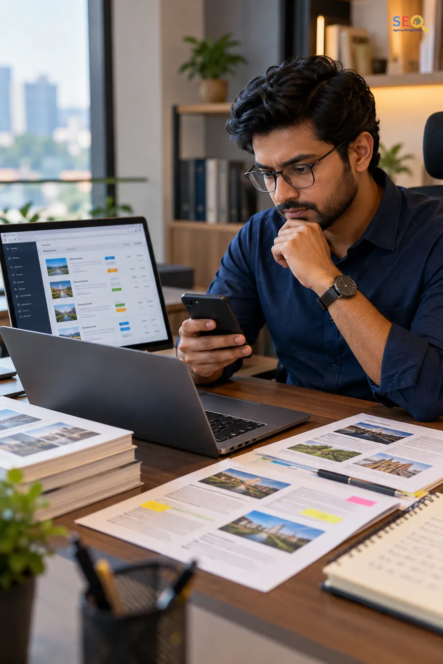 Bangladesh business owner reviewing an existing content library and page performance on laptop and phone