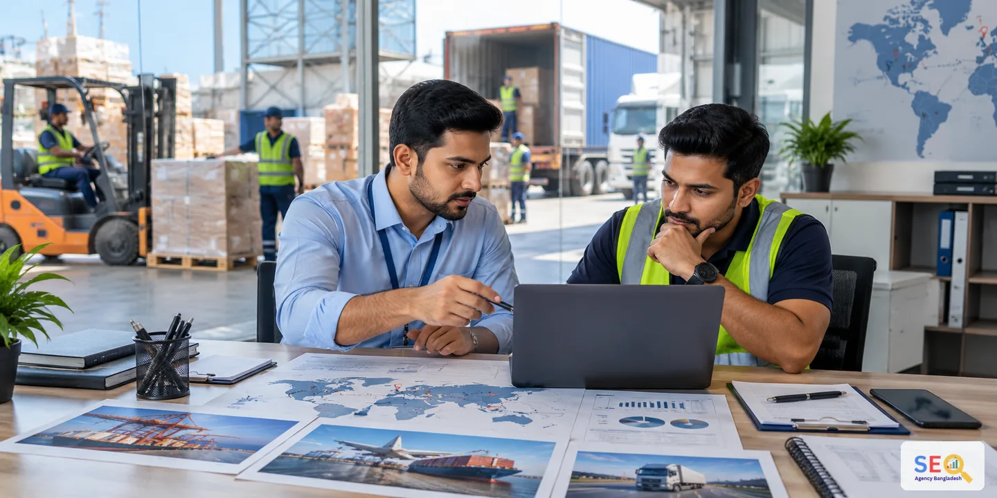 SEO specialist and freight manager reviewing logistics service pages and route planning