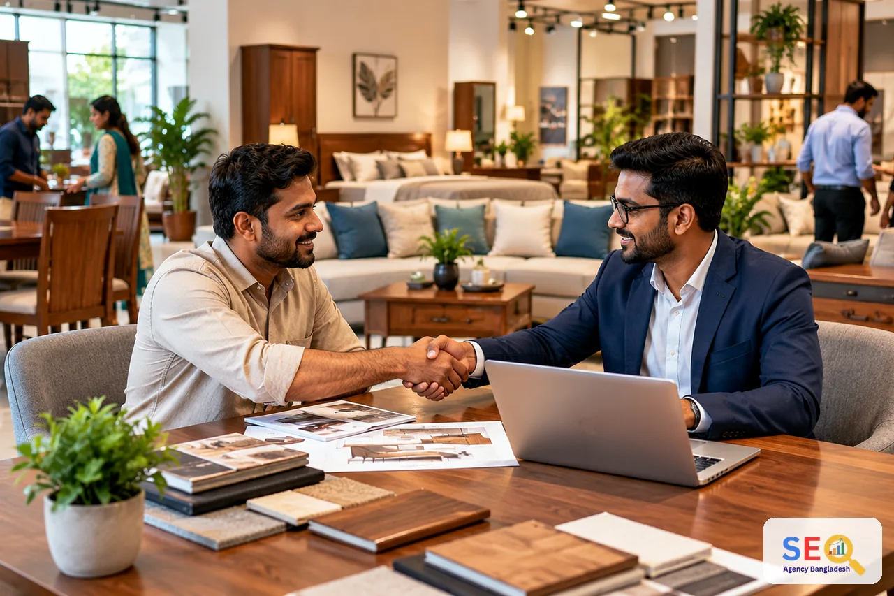 SEO consultant and furniture business owner agreeing on a showroom and ecommerce search plan