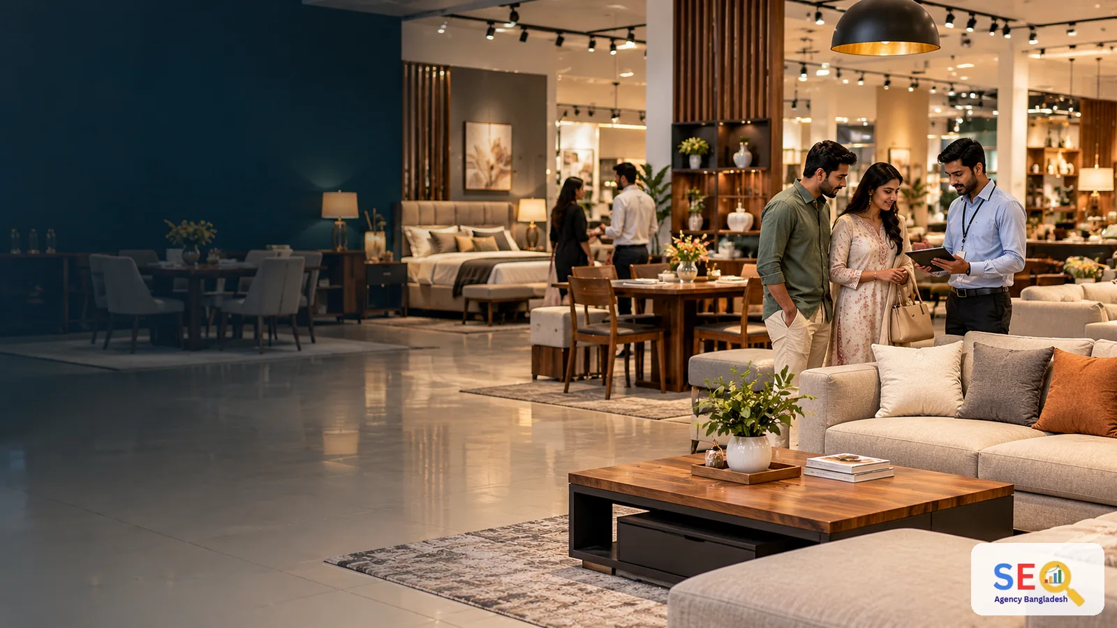 Modern Bangladesh furniture showroom with customers comparing home furniture with a sales adviser