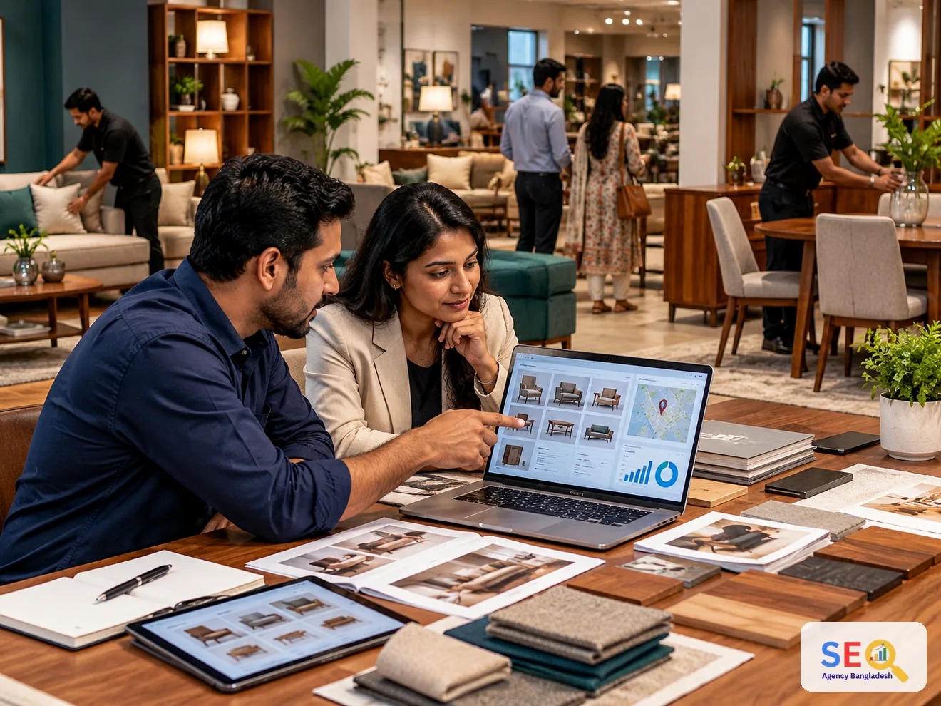 Furniture ecommerce and showroom planning session with product imagery, material samples and website data