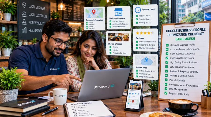 Bangladesh local business team auditing categories, hours, photos, reviews and service-area information