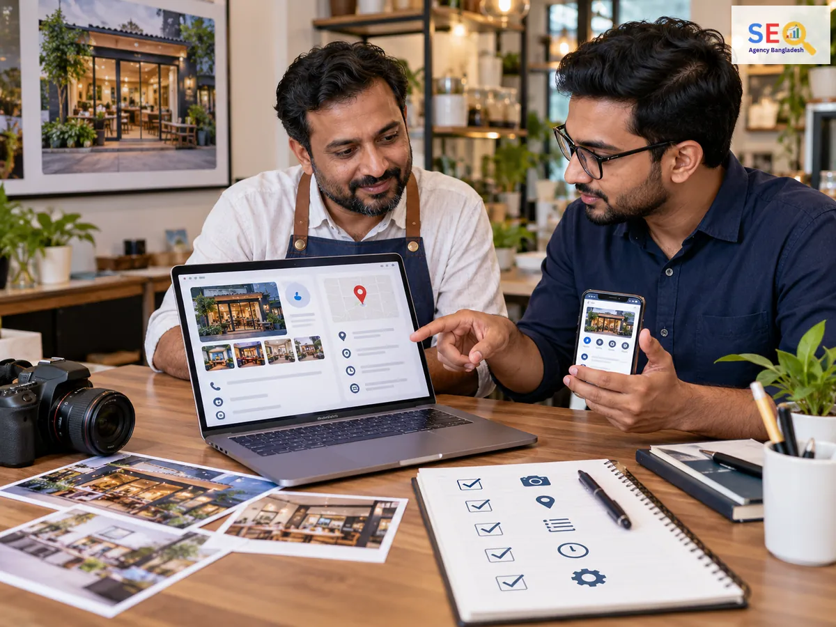 GBP optimization workflow with a Bangladesh business owner and SEO specialist checking listing details, photos and profile settings