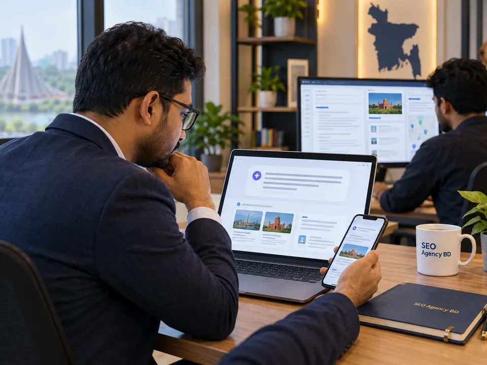 Bangladesh business decision-maker comparing information across AI search-style web results on laptop and phone