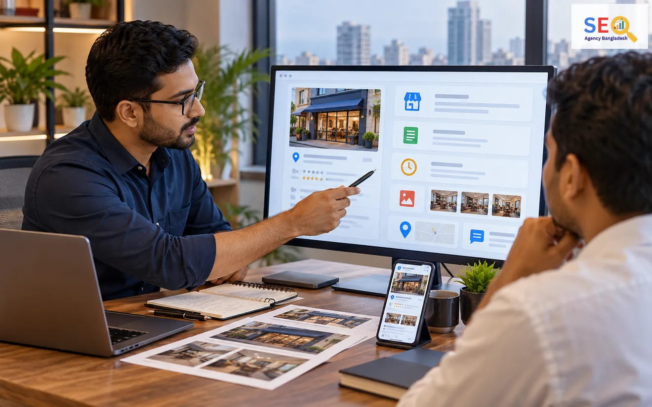 SEO specialist reviewing a business listing, photos, location details and customer-facing profile information