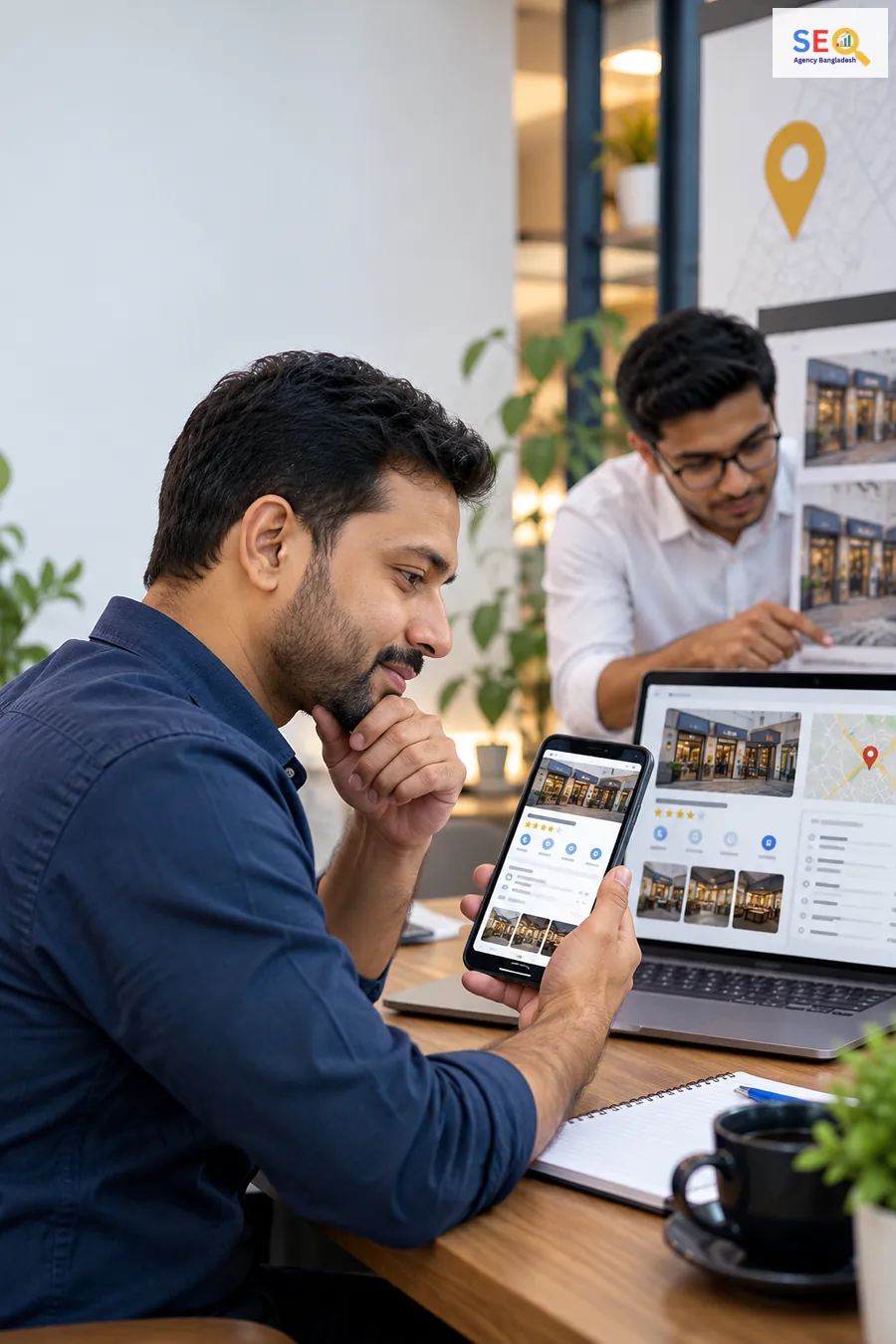 Bangladesh business decision-maker reviewing a Google Business Profile management service on phone and laptop