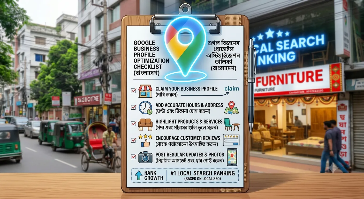Illustrated checklist clipboard with a Google Maps pin representing Google Business Profile optimization for Bangladeshi businesses