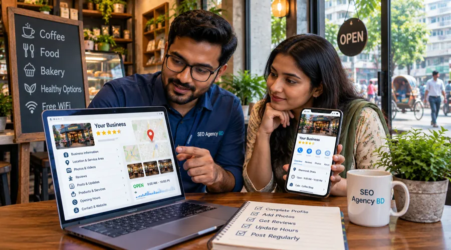 Bangladesh business owner and SEO specialist reviewing Google Business Profile information, map visibility and reviews