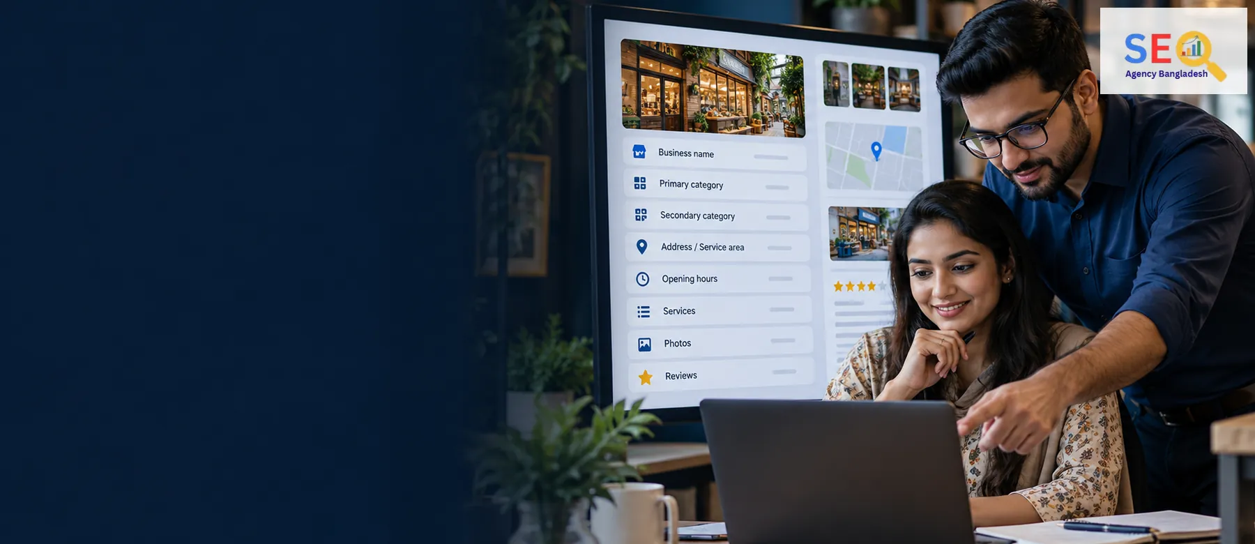 Google Business Profile optimization service in Bangladesh with a business owner and SEO specialist reviewing profile information