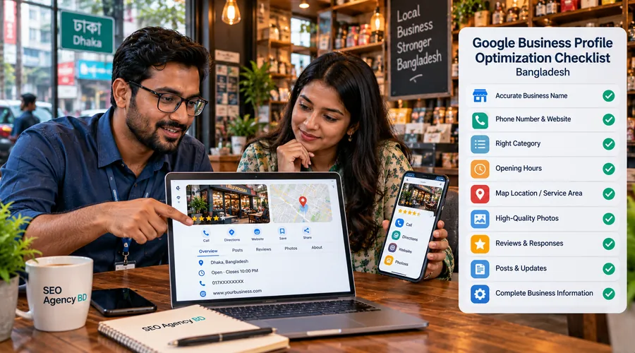 Bangladesh business team checking name, phone, category, hours, map location, photos and reviews on a local profile