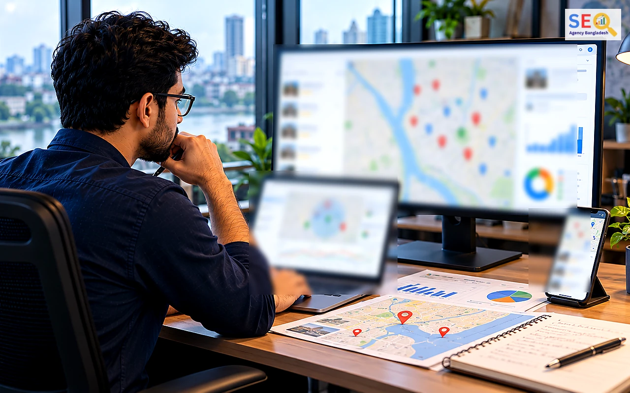 SEO specialist reviewing map coverage, local-search visibility and customer action signals