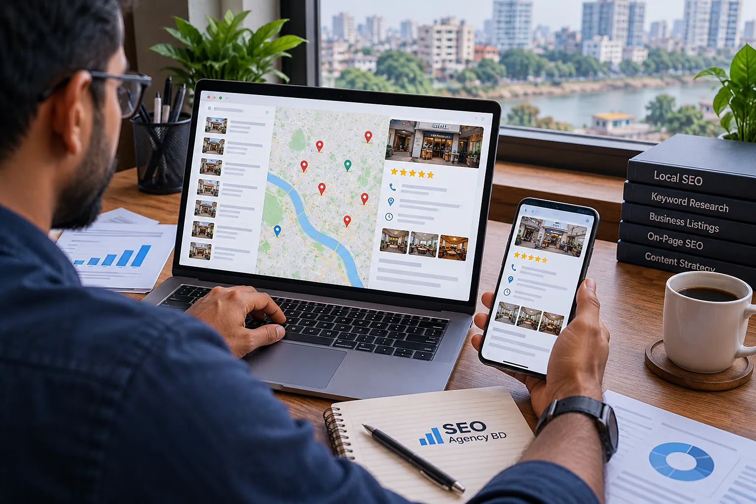 SEO specialist checking Google Maps business listings and local ranking signals on a laptop and phone