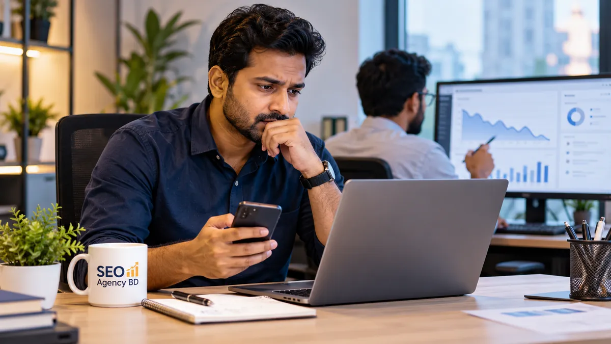 Business decision-maker reviewing a search visibility decline while an SEO analyst checks performance data