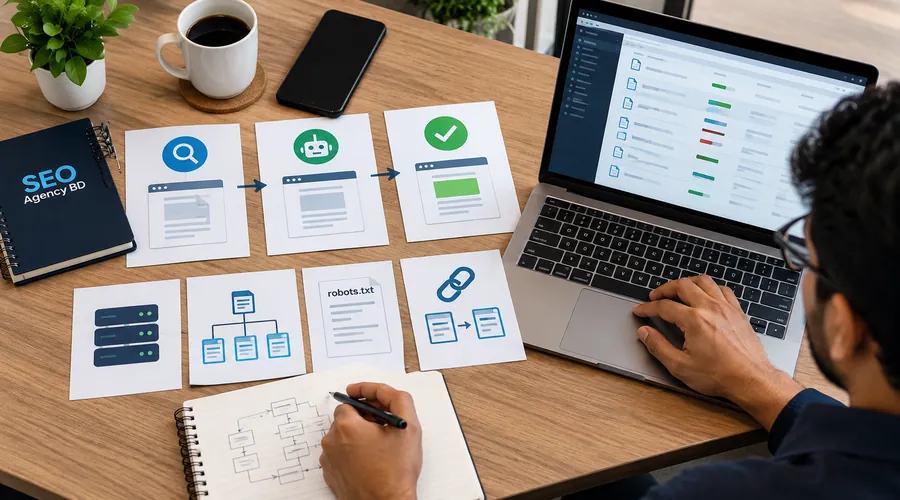SEO indexing workflow showing discovery, crawling, canonical signals and successful page eligibility