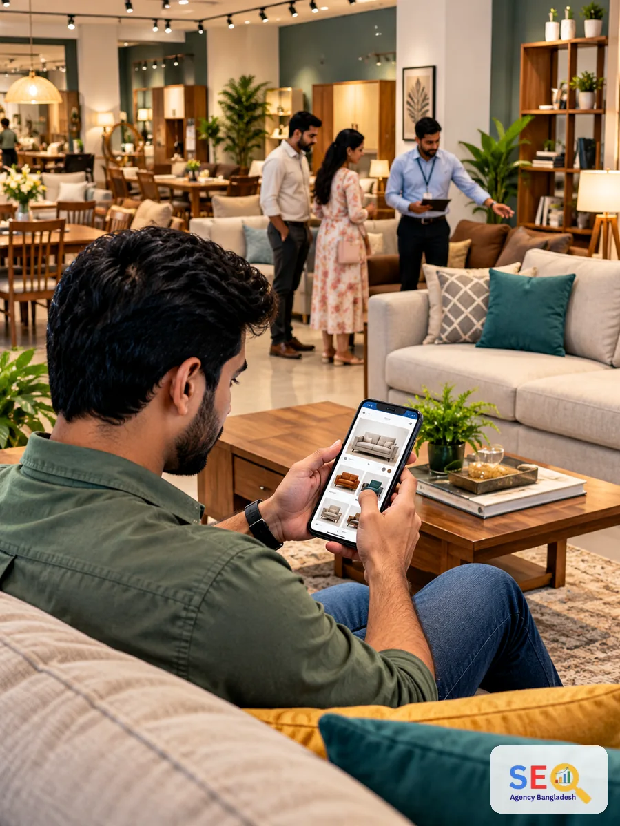 Furniture shopper comparing sofa options on a smartphone inside a well-organized showroom