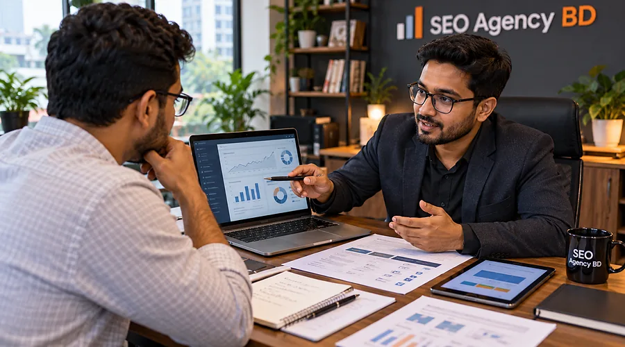 Bangladesh business owner evaluating SEO strategy with an agency consultant