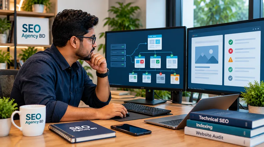 SEO specialist diagnosing website crawl and indexing problems with a site flow diagram