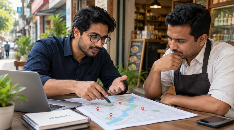 Bangladesh business owner and SEO specialist reviewing local map locations for Google Maps visibility
