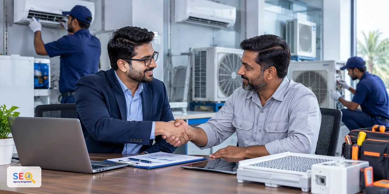 HVAC business owner and SEO consultant concluding a service website consultation