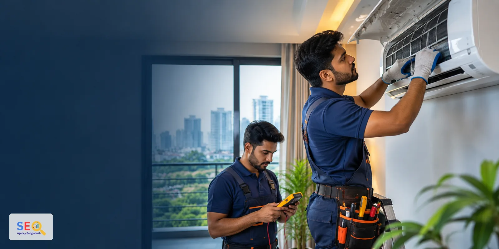 Bangladesh AC technicians inspecting and servicing a wall-mounted air conditioner