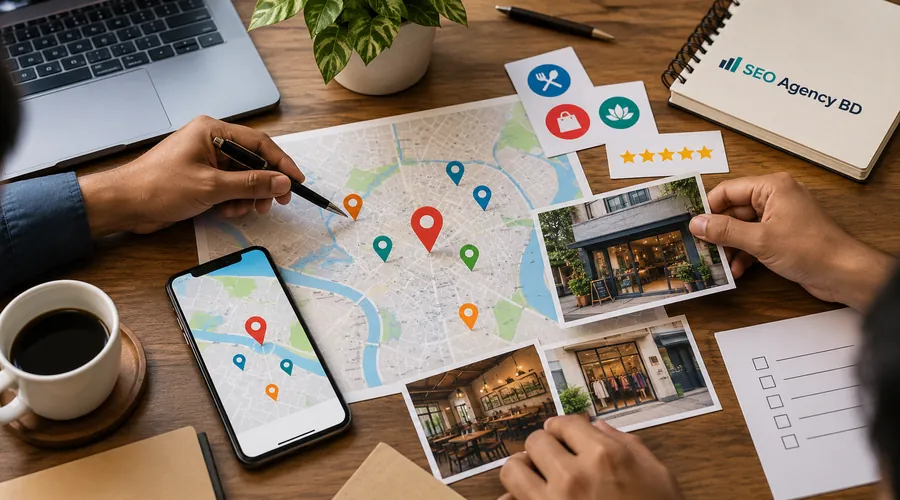 Local SEO workflow with map pins, business photos and review signals for Google Maps ranking