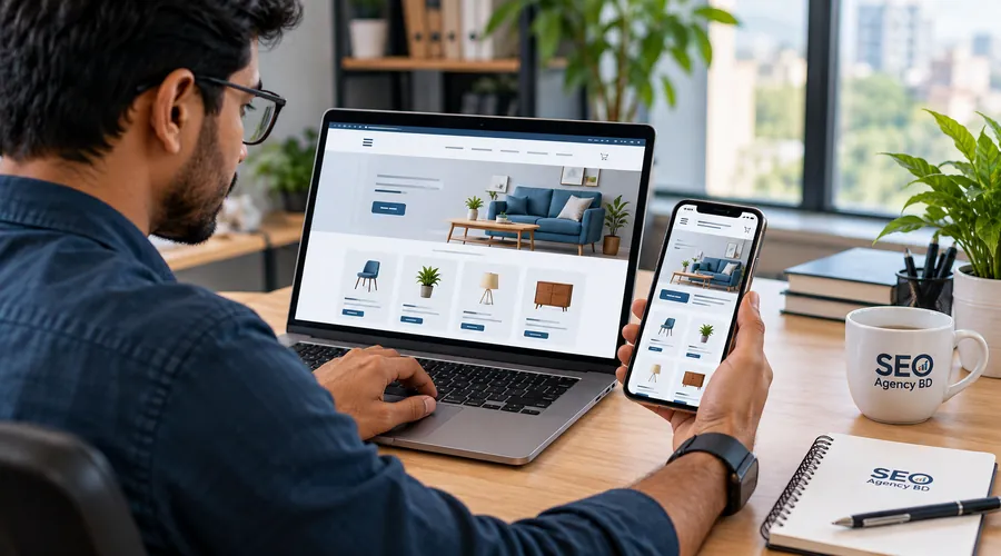 Bangladesh web specialist testing a responsive ecommerce site on laptop and smartphone