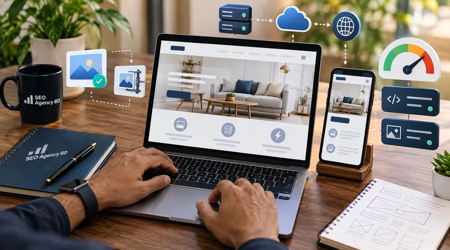 Website performance workflow showing hero image optimization, server delivery and responsive rendering