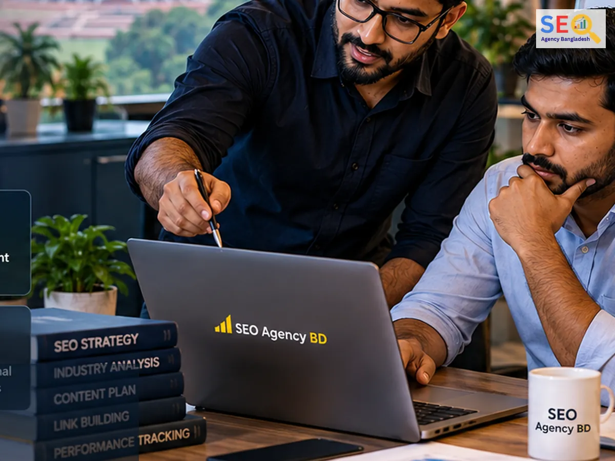 SEO strategist mapping an industry-specific search and content workflow with a business team