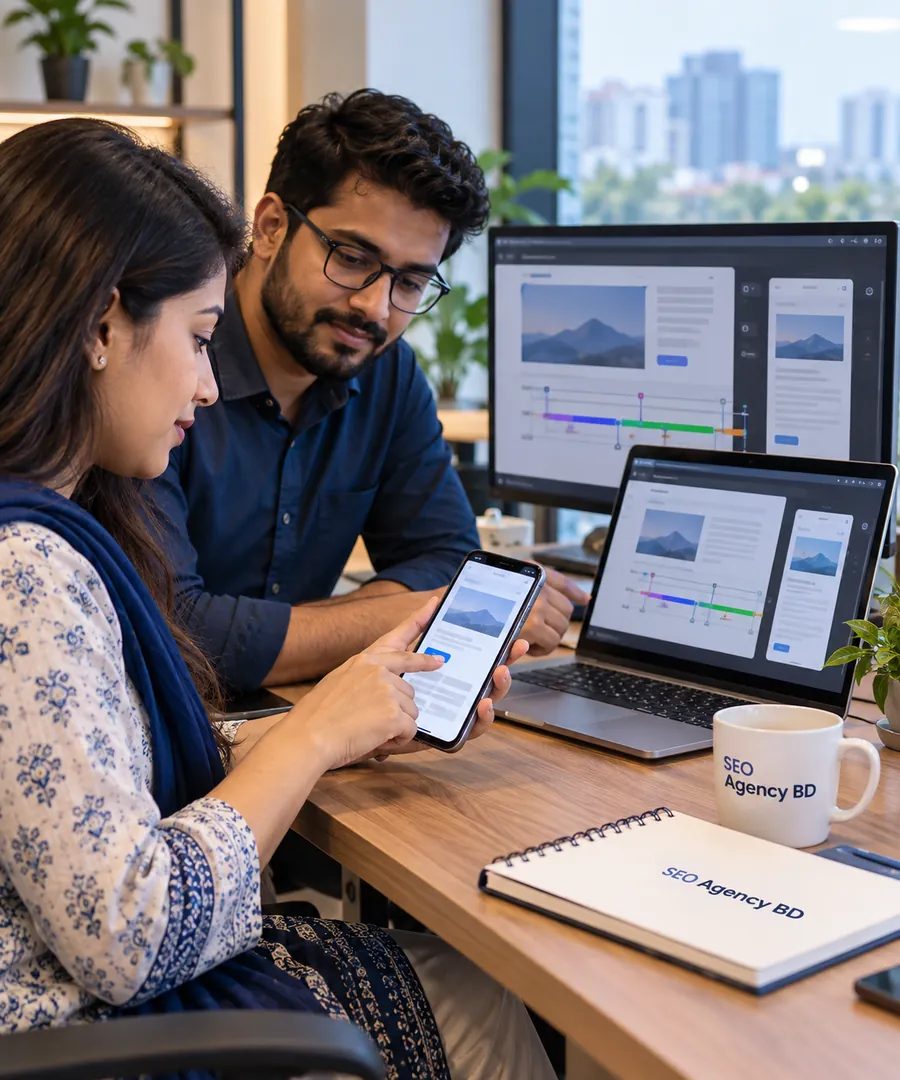 Bangladesh team testing website responsiveness on mobile and desktop interfaces