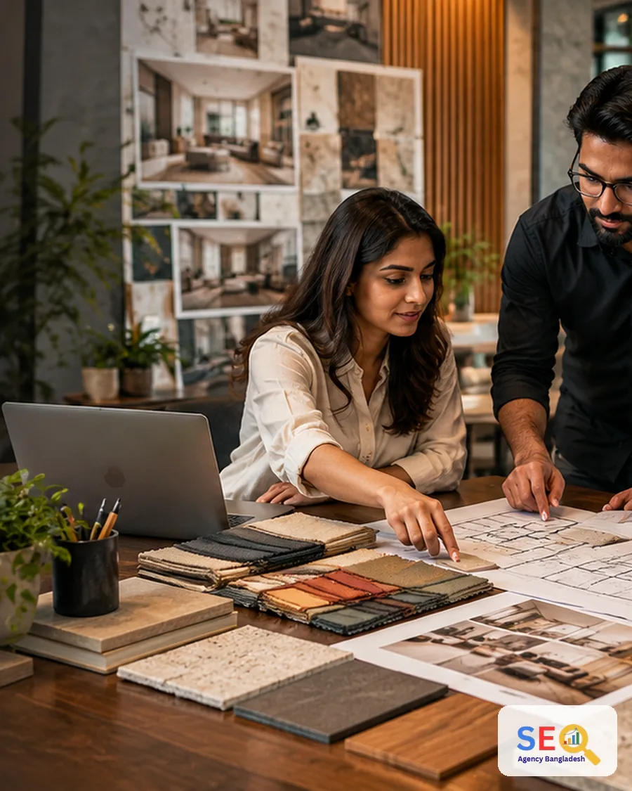 Interior designer reviewing project plans, samples and digital project information in a Bangladesh studio