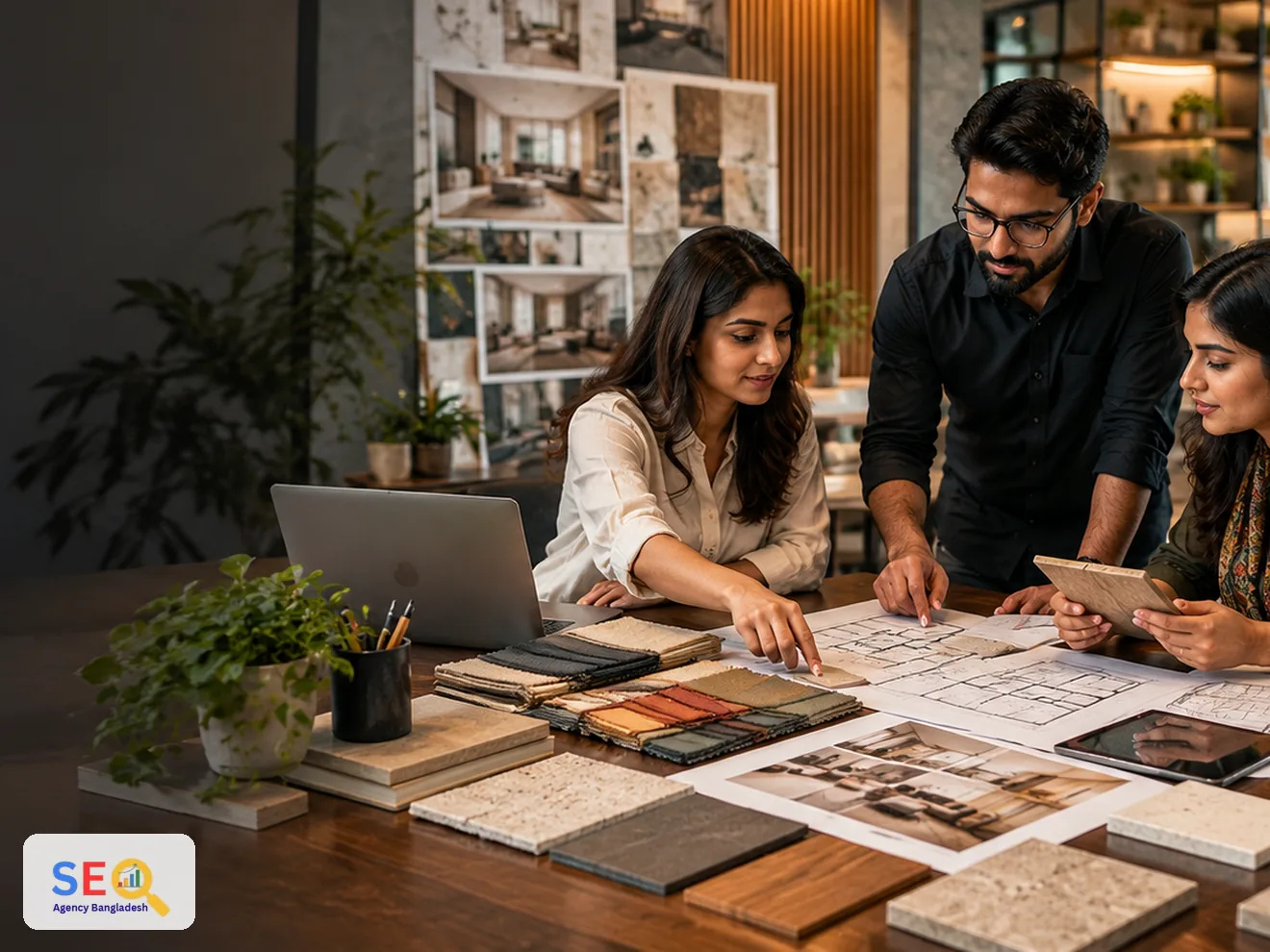 Interior design planning table with drawings, material samples, project imagery and digital work