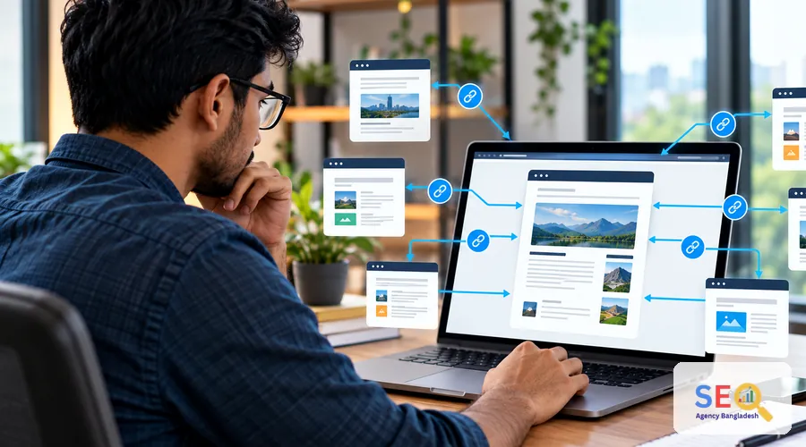 SEO professional reviewing connected website pages during an internal linking audit