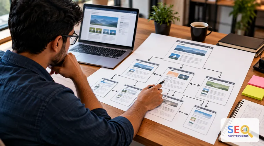 SEO specialist mapping related website pages and internal link paths