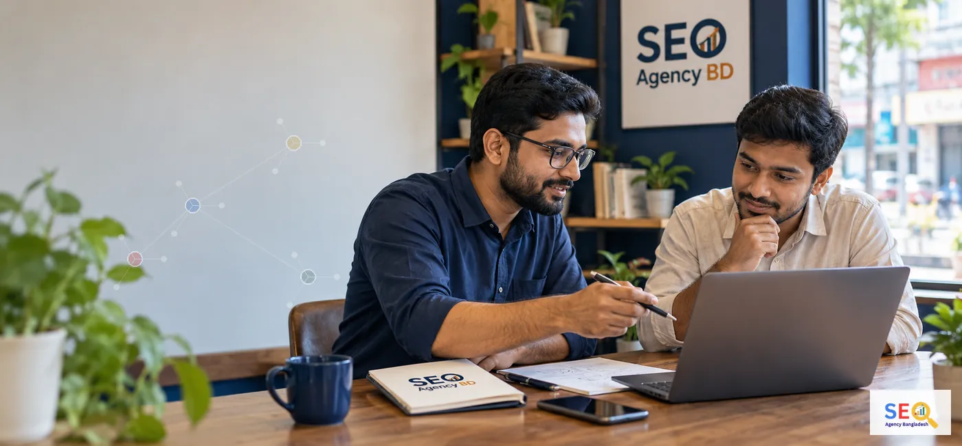 Business decision-maker reviewing a keyword strategy and search-intent discussion with an SEO specialist