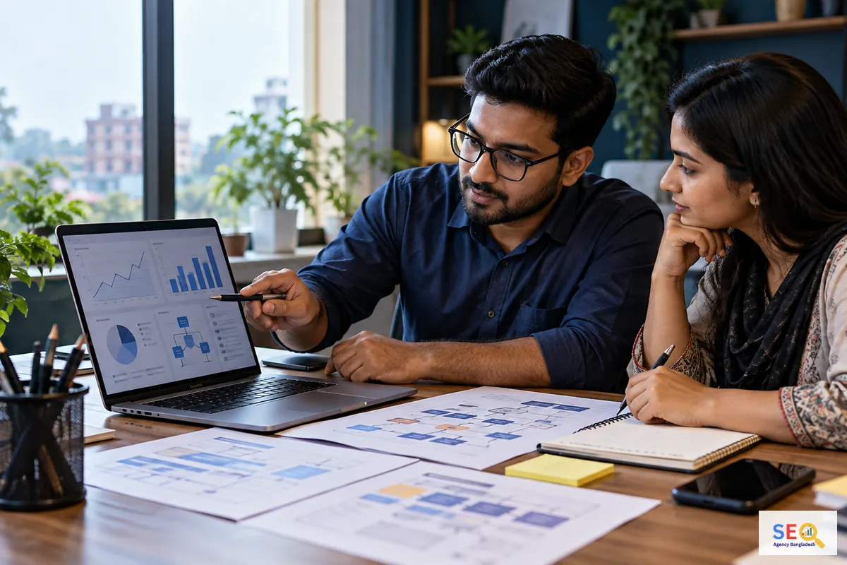 Keyword mapping review with website page diagrams, research charts and SEO planning notes