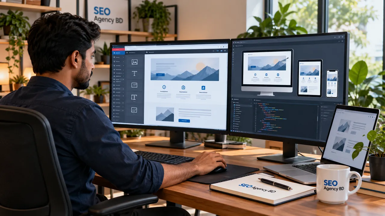 Website optimization specialist reviewing responsive layouts, page structure and implementation quality across screens
