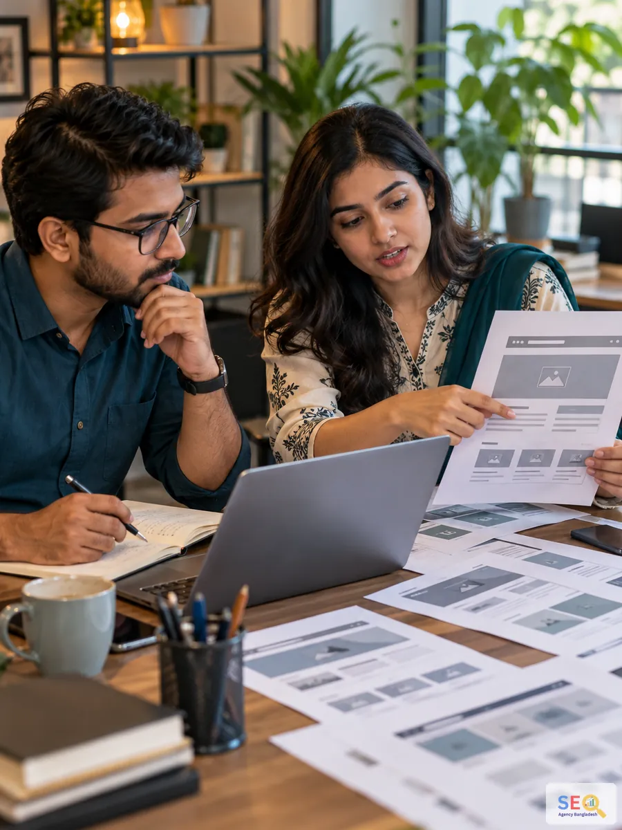 Business decision-maker and content strategist reviewing landing-page copy structure and website wireframes