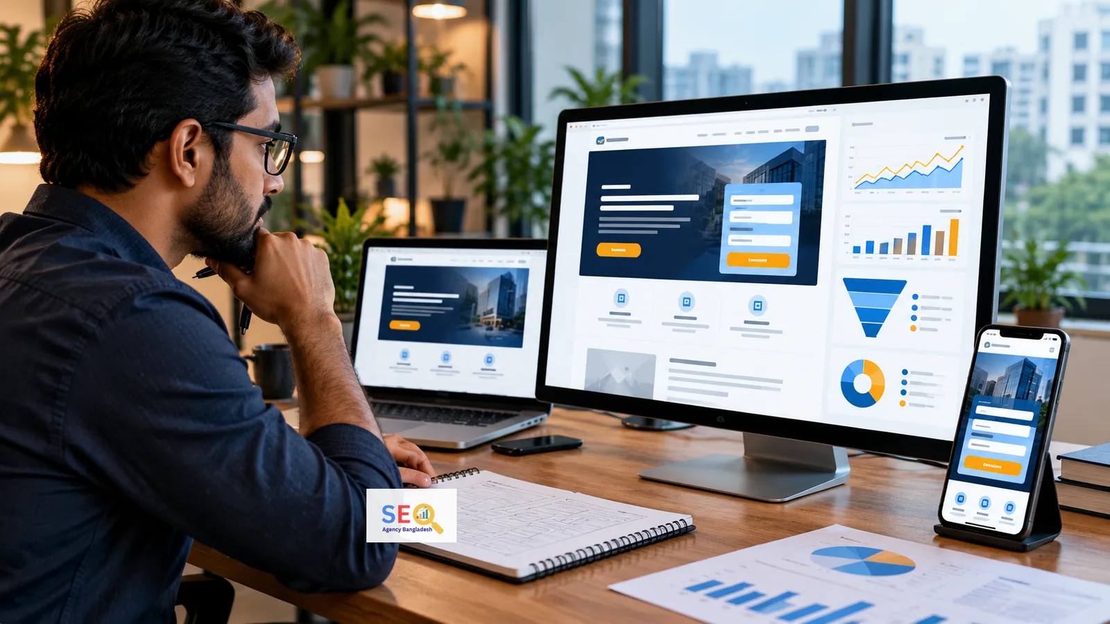 Landing page specialist reviewing responsive page design and conversion analytics