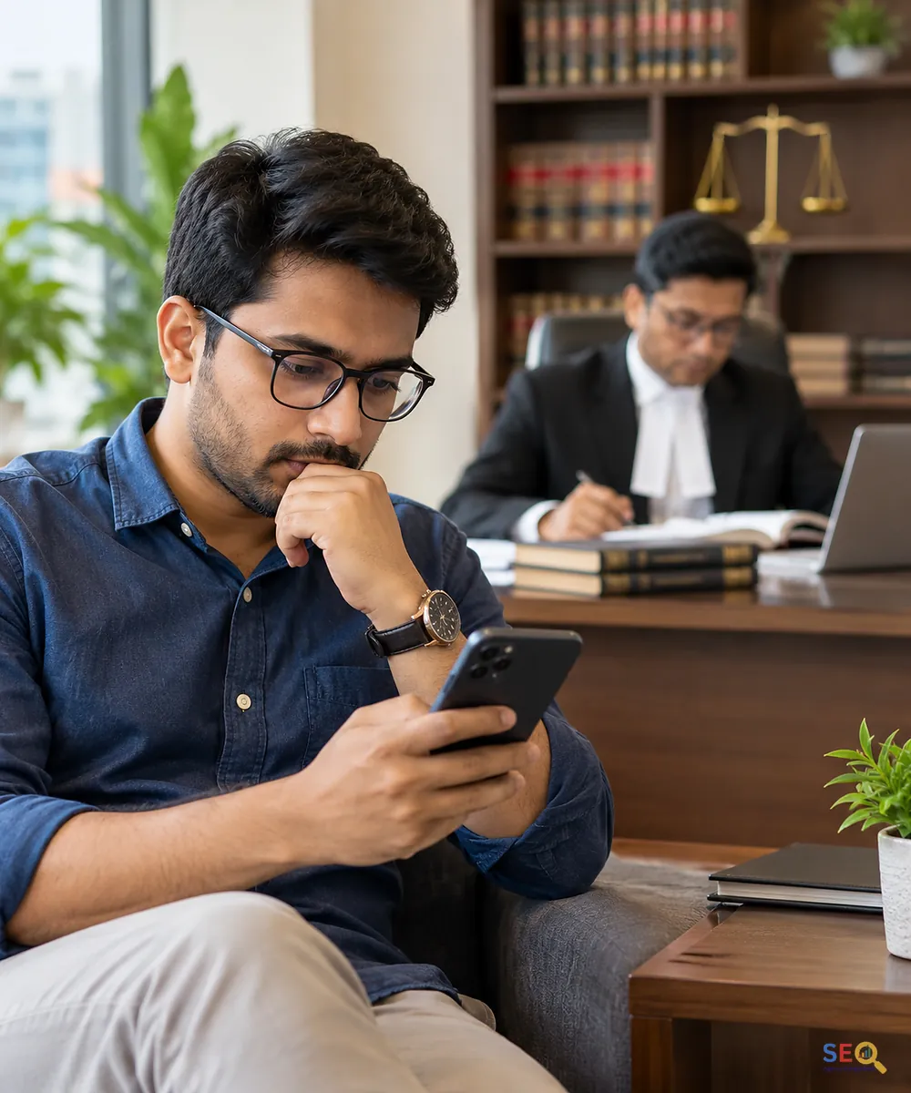 Potential legal client in Bangladesh researching on a smartphone while a lawyer works nearby