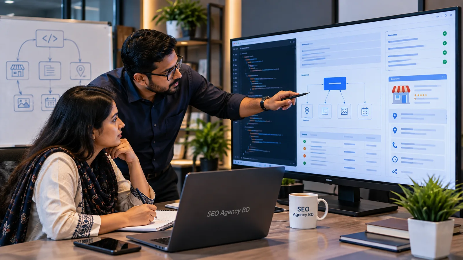 SEO specialist reviewing local business structured data, entity relationships and validation signals