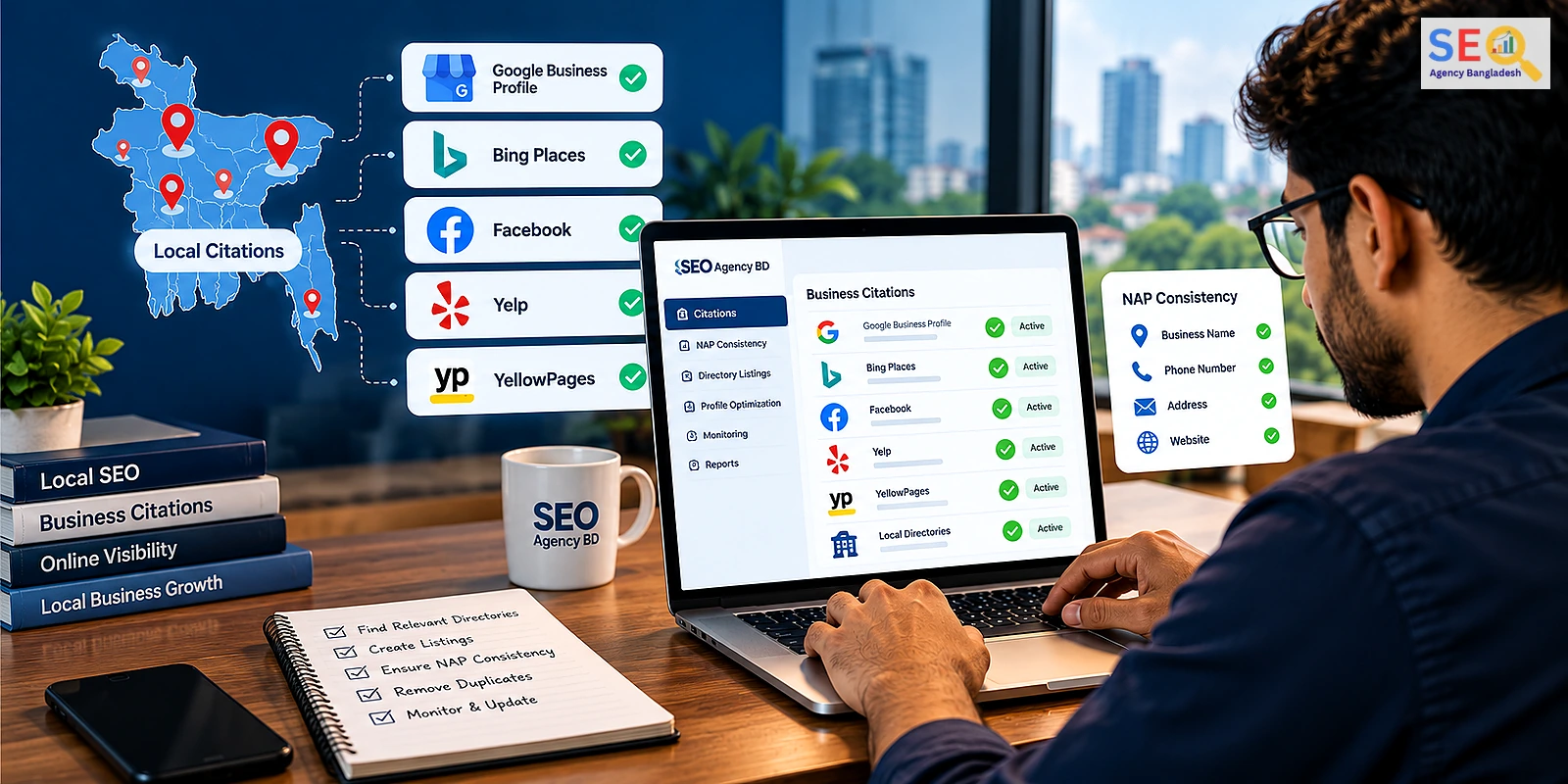 Local SEO specialist checking consistent business information and directory citations in Bangladesh