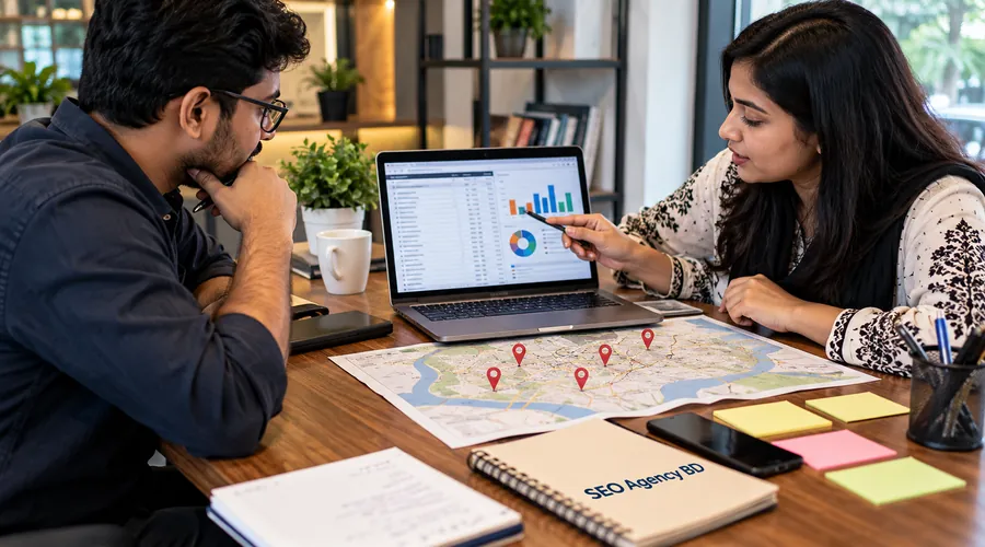 Bangladesh SEO team researching local keywords with a city map and search data