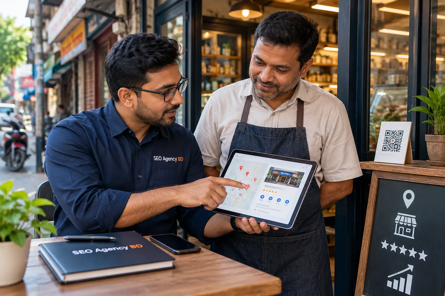 Local SEO consultant reviewing Google Maps visibility with a Bangladesh shop owner