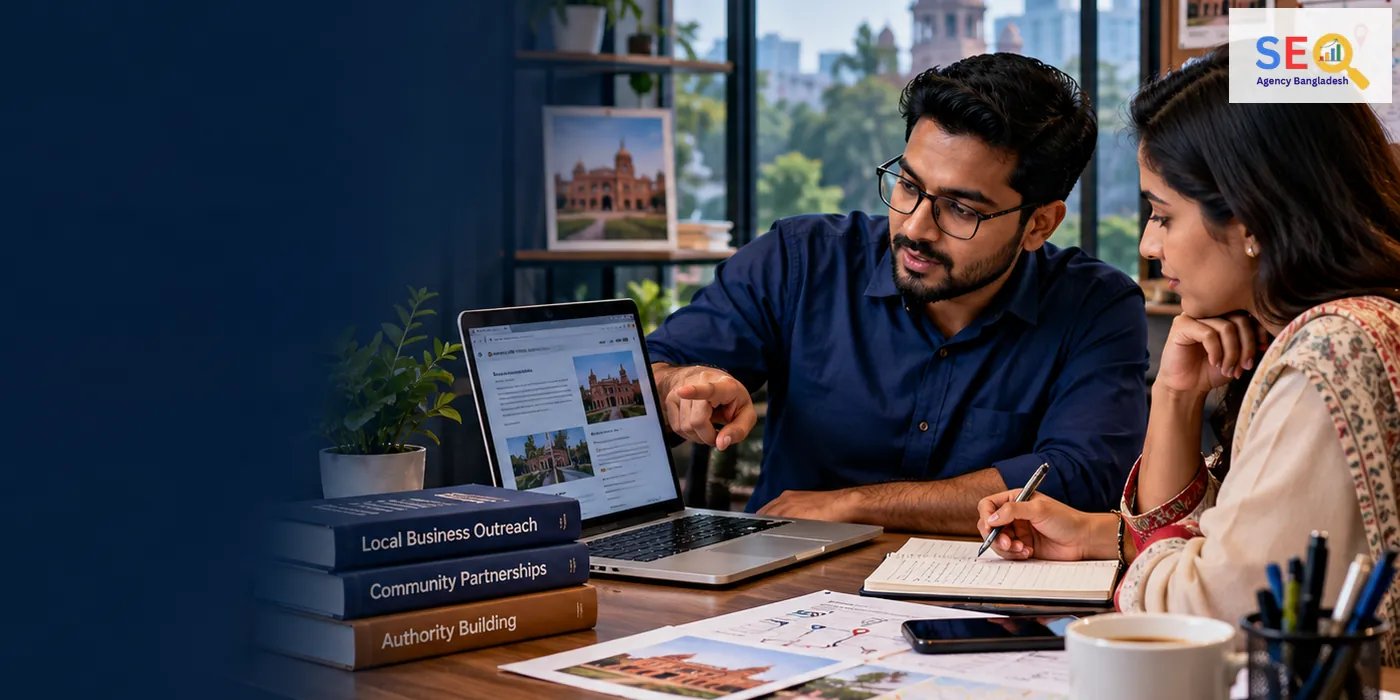 Bangladesh SEO specialists reviewing a local backlink outreach plan and publisher relationships