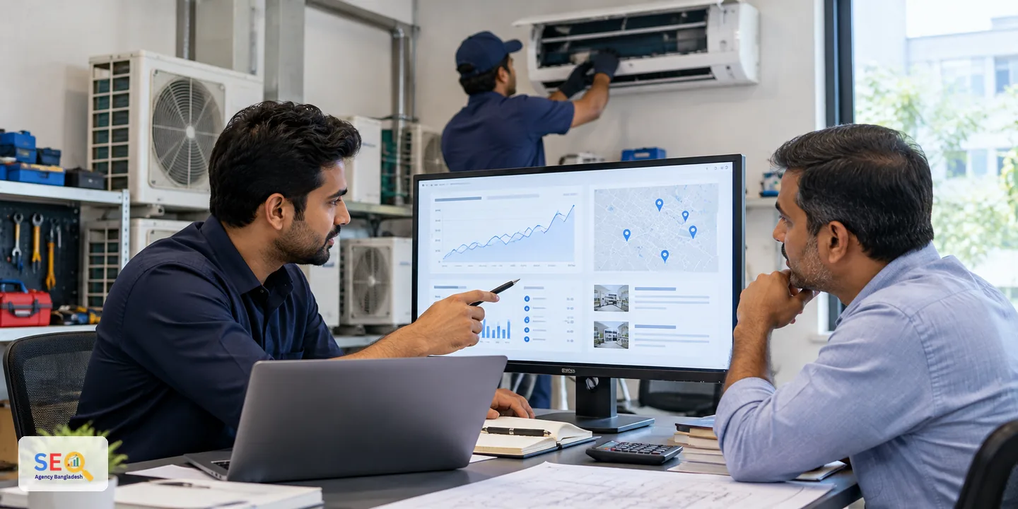 SEO specialist and AC service owner reviewing local search coverage and service performance