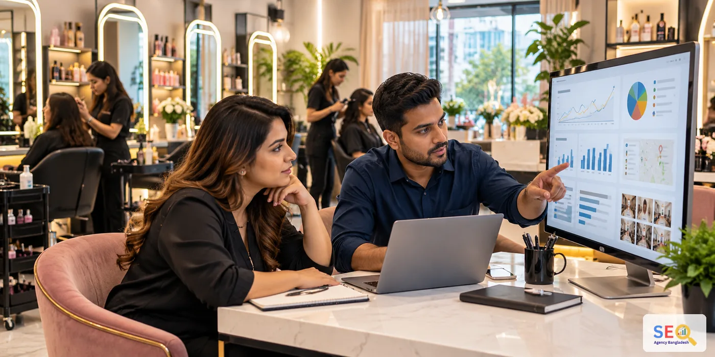 Salon owner and SEO specialist reviewing local-search and appointment performance