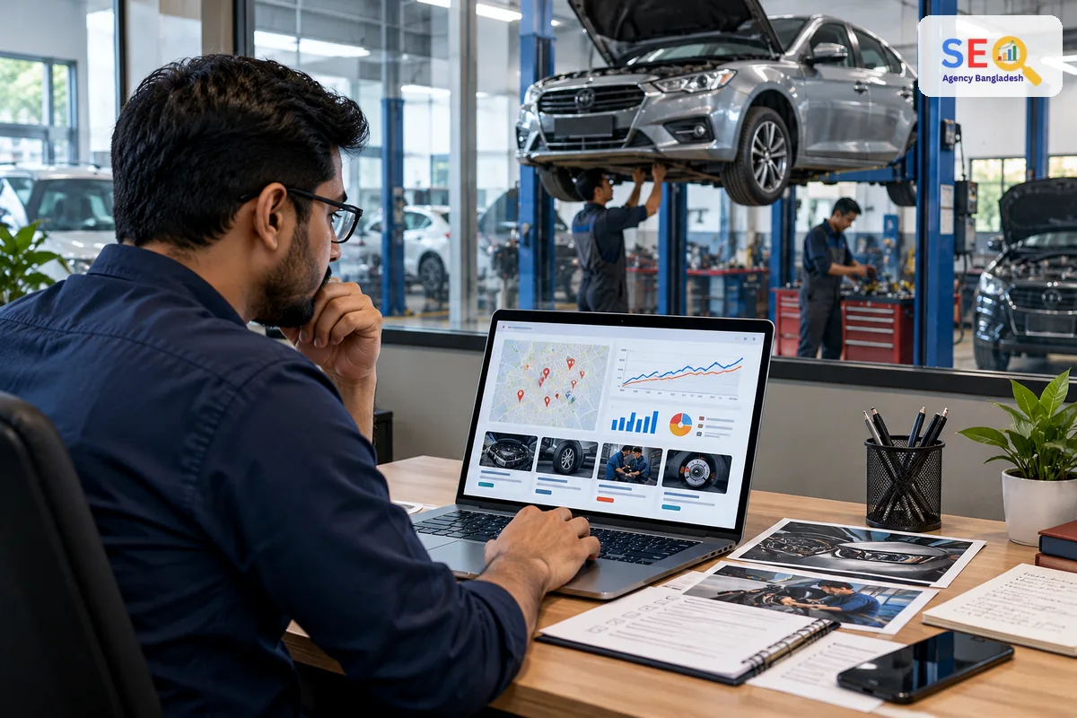 SEO specialist reviewing local map visibility, automotive service pages and workshop performance data